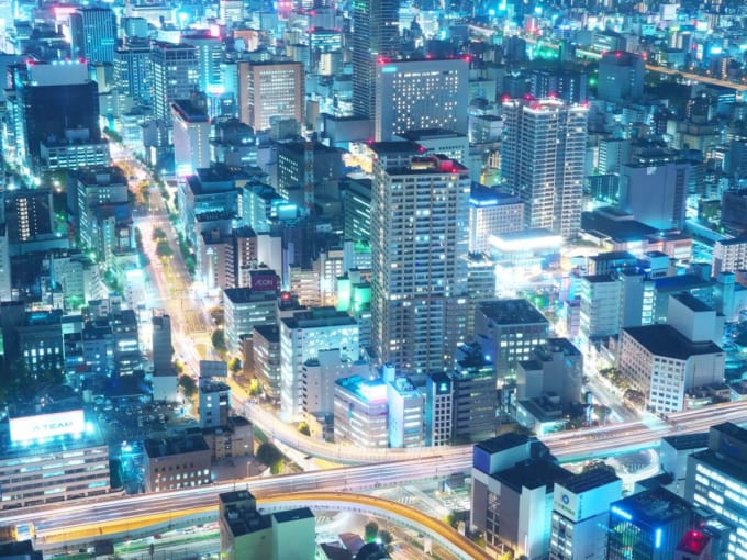 名古屋・伏見方面　夜の名古屋高速　空撮