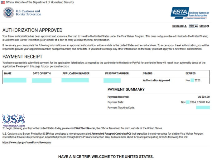 ESTA承認書（英語）
