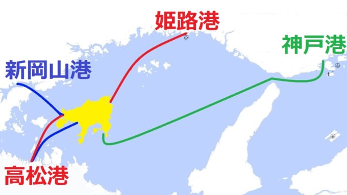 新岡山港・姫路港・高松港・神戸港から小豆島へ行けるフェリーの航路