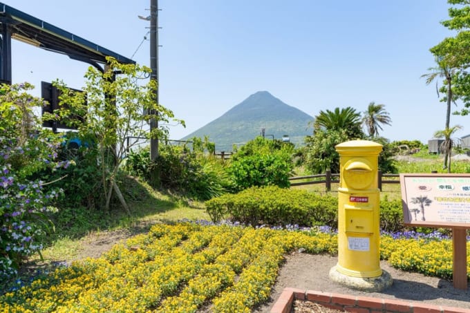 JR西大山駅　菜の花と黄色いポスト