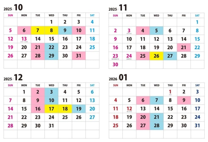 東海汽船「さるさるきっぷ」東京 ⇔ 大島・利島・新島・式根島・神津島　除外日がわかる2025年10月から2026年 1月のカレンダー