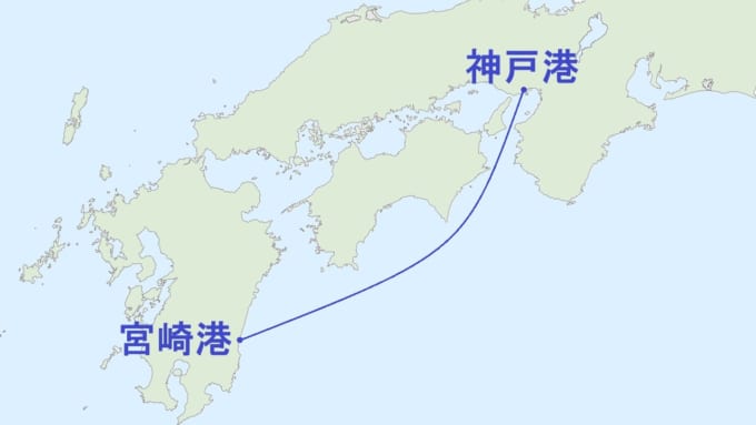 宮崎カーフェリーの航路図（宮崎港～神戸港）