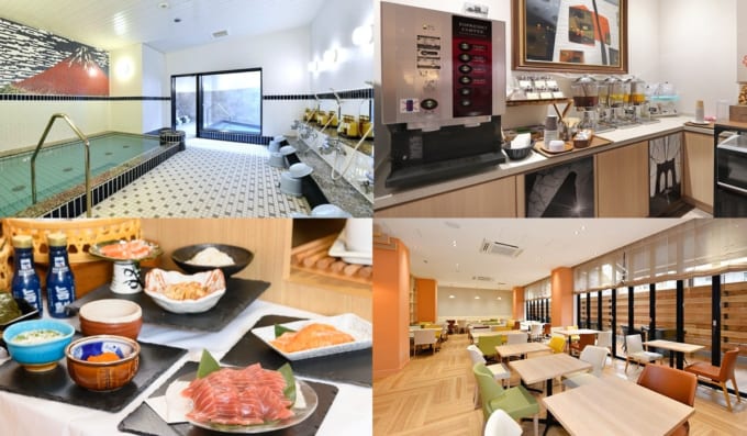 ホテルソビアル 大阪 ドーム前の大浴場・ウエルカムドリンク・朝食会場・朝食ビュッフェ