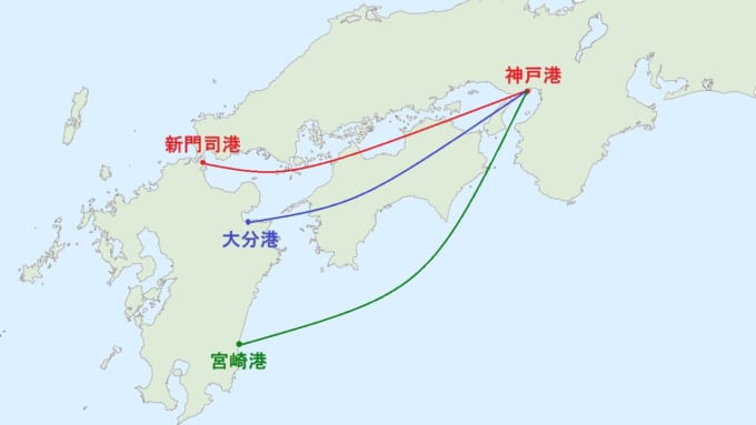 神戸から九州の3つの航路（神戸港→新門司港、神戸港→大分港、神戸港→宮崎港）を書いた地図