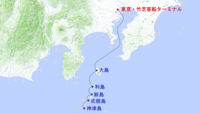 【東海汽船】東京 ⇔ 大島・利島・新島・式根島・神津島の航路図