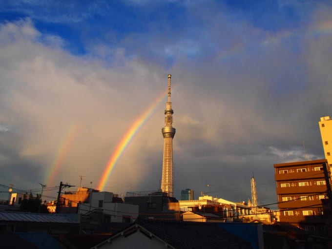 東京スカイツリーと二重の虹（ダブルレインボー）