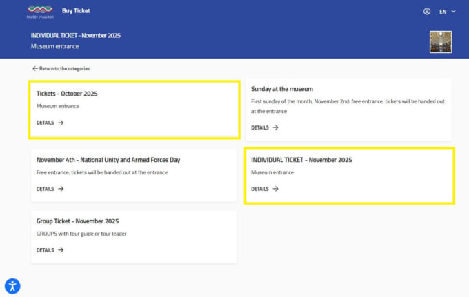 パンテオンのチケット予約②（イタリア文化省指定の公式ポータル）