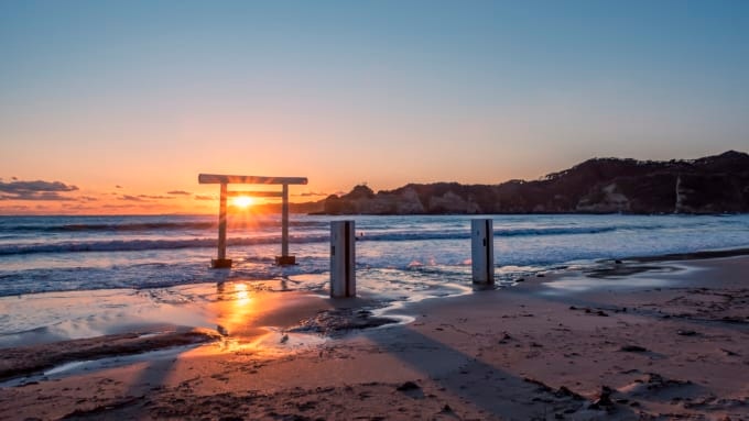 鵜原海水浴場の夕陽