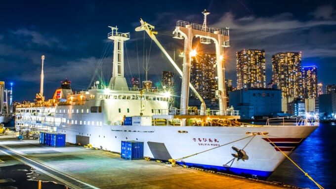 東京・竹芝客船ターミナルに停泊中の大型客船（さるびあ丸）