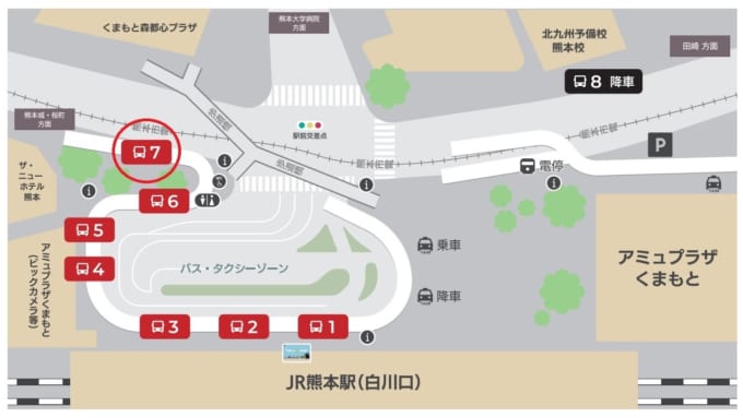 九州産交バスの熊本駅前 バス乗り場地図　