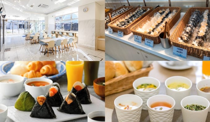 東横 INN 大阪ドーム前の朝食会場とおにぎり、スープ