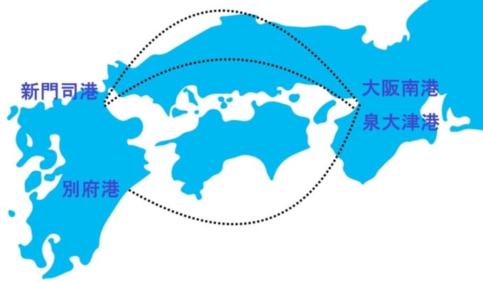 大阪から九州までのフェリー3航路の地図