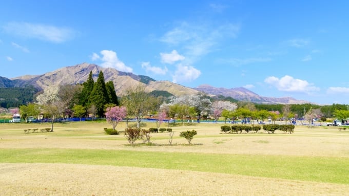 一心行の公園から全景風景　一心行の大櫻　阿蘇の山並み景色