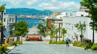 八幡坂から見る函館港と函館市電